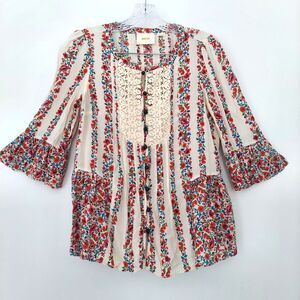 Maeve Anthro Boho Top Size 2 Red White Lace Ruffle Sleeves